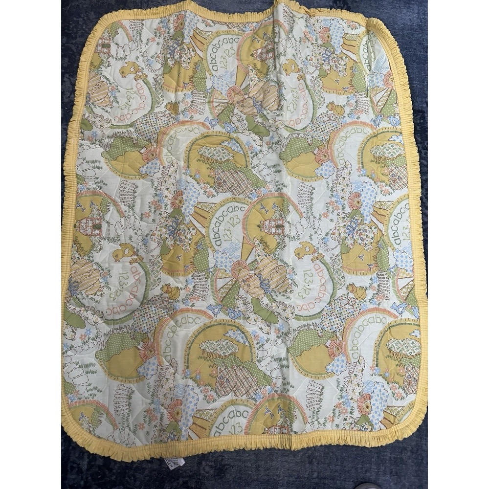 Vintage Sears Yellow Infant Baby Quilted Blanket Crib Comforter Animals 123 ABC